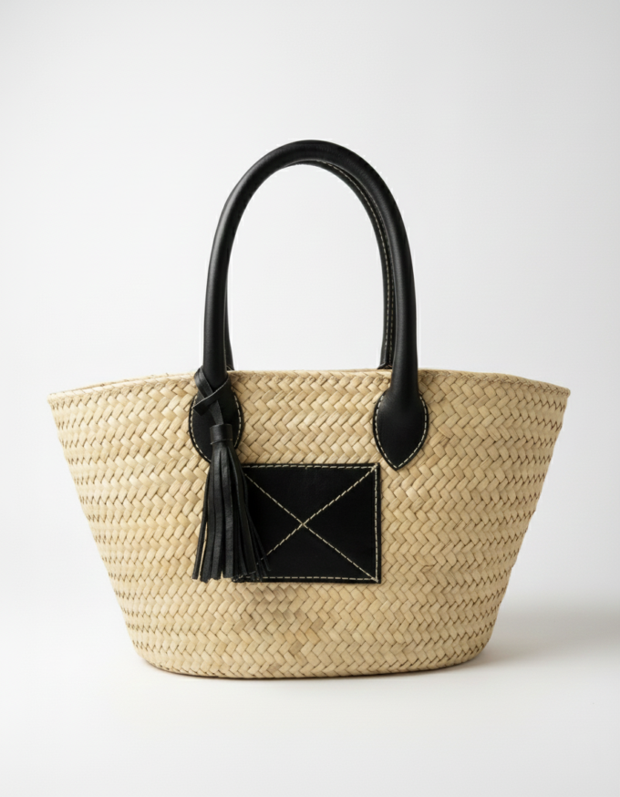 Nacy – Couffin en feuille de palmier & cuir camel